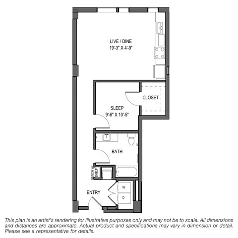 Floor plan for 1 bed, 1 bath, 749 sqft